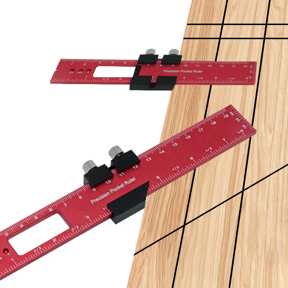 Woodworking Tools Ruler - Pocket Ruler Layout Tool Aluminum Precision Ruler with T-Track Metal Slide Stops,Inch and Metric Scale