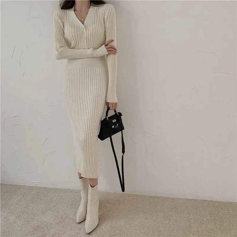 Autumn Winter Sweater Dress For Women 2024 New Arrivals Buttons Up V Neck High Waist Long Knitted Dress Korean Maxi Dresses