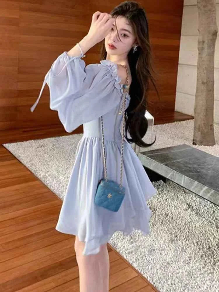 Dresses Women Solid Retro Long Sleeve Slash Neck Autumn Gentle Korean Style Streetwear All-match Lovely Comfortable Stylish Chic