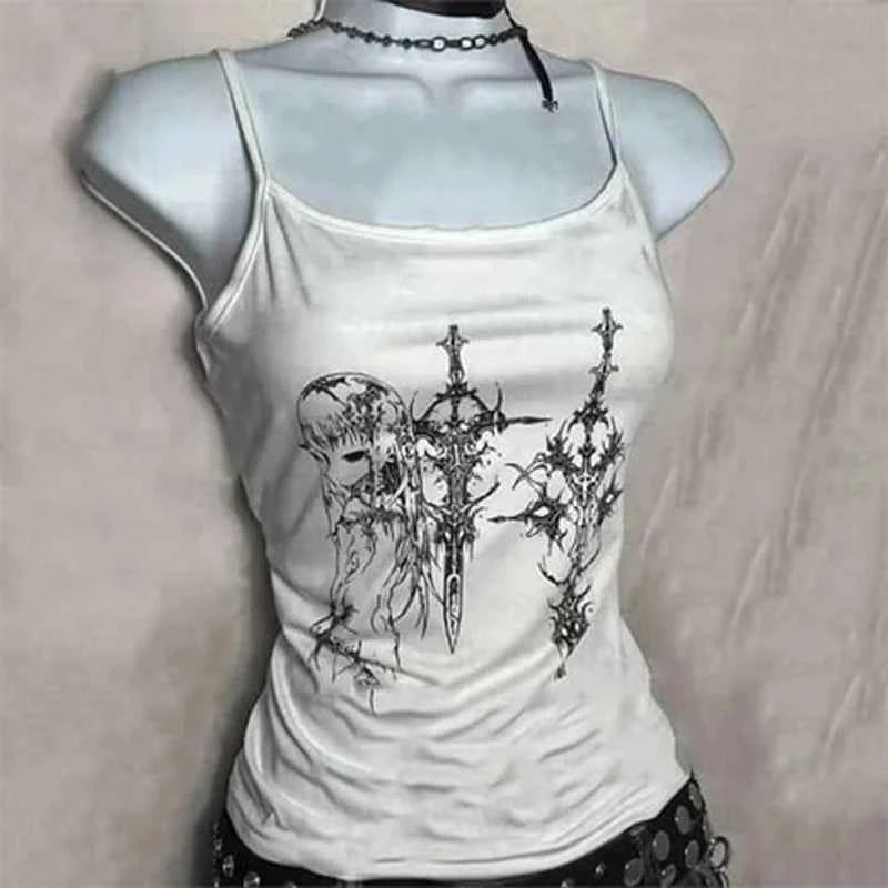 Y2k Style Aesthetic Sweet Sexy Tank Tops Women Sleeveless Casual Cartoon Print Tanks Harajuku All Match Cropped Grunge Emo Girls