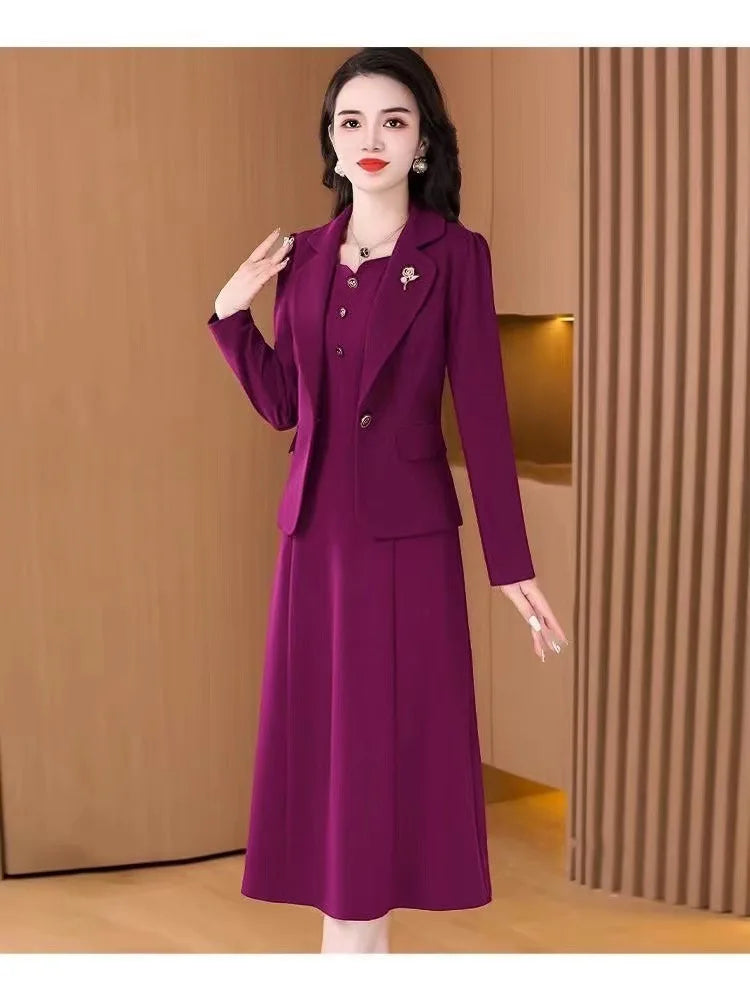 Fashionable Red Two-Piece Set Korean Japanese Style Women's Dress Suit Autumn Spring Lightweight Polyester Commute Style