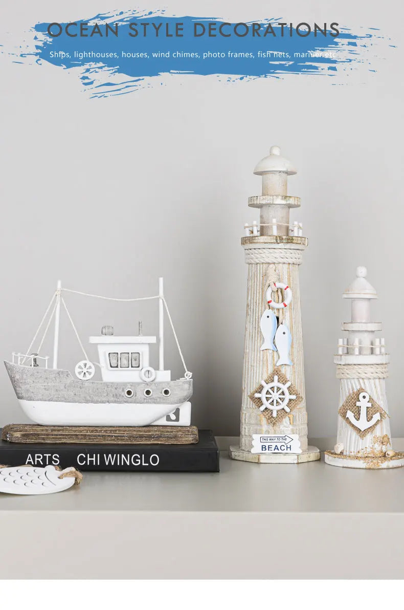 Mediterranean Style Home Decoration Figurines Desktop Ornaments Ocean Wooden Lighthouse Model Wood Ship Crafts Wall Decor Plaque