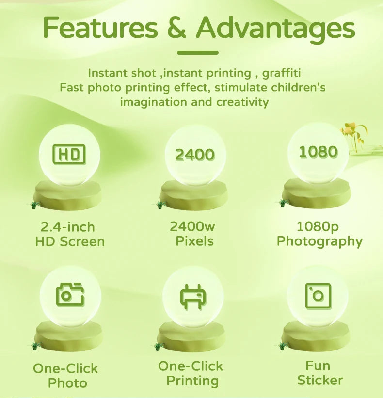 Kids Camera Instant Print 1080P HD Toddler Digital Video Camera 2.4-Inch Toy for Girls Boys Age 3-12 Christmas Birthday Gift