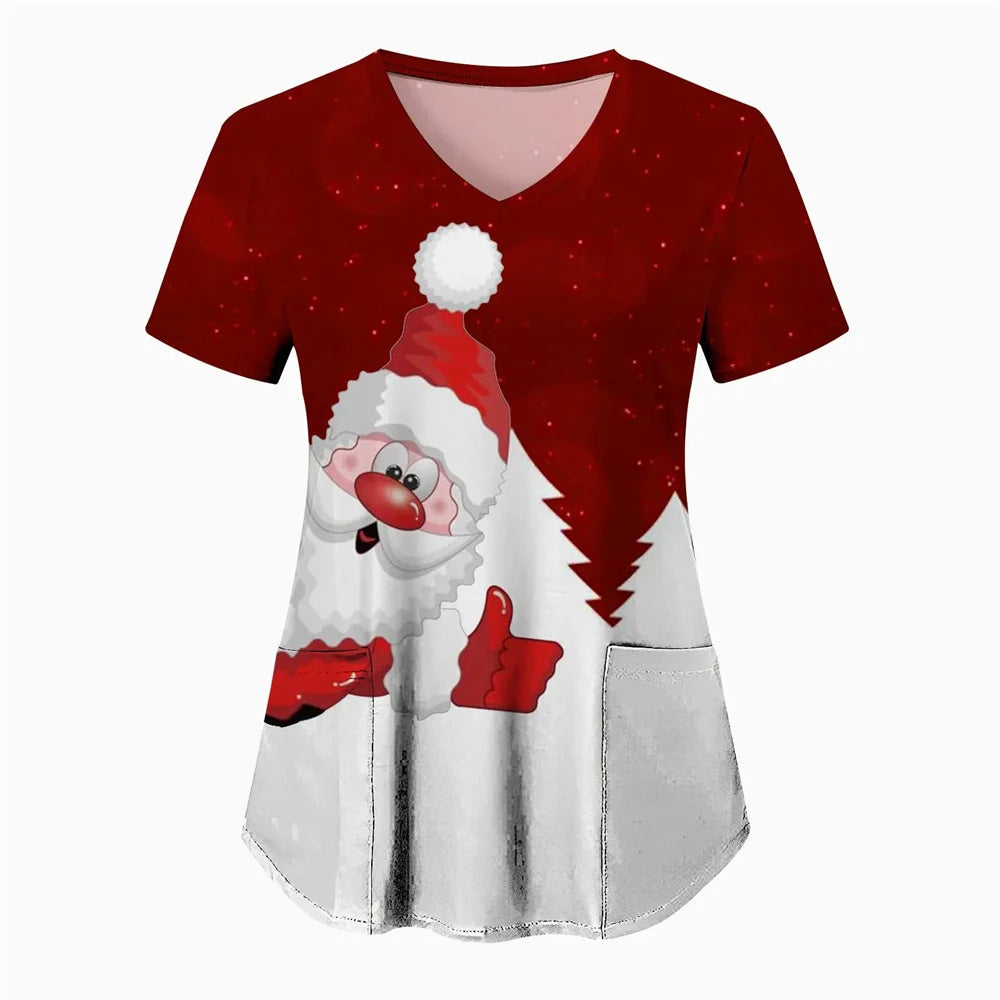 Womens Christmas Nurse T Shirt Print Short Sleeve V Neck Workwear With Pocket Working Nurse Work Wear Overalls Medical Uniforms
