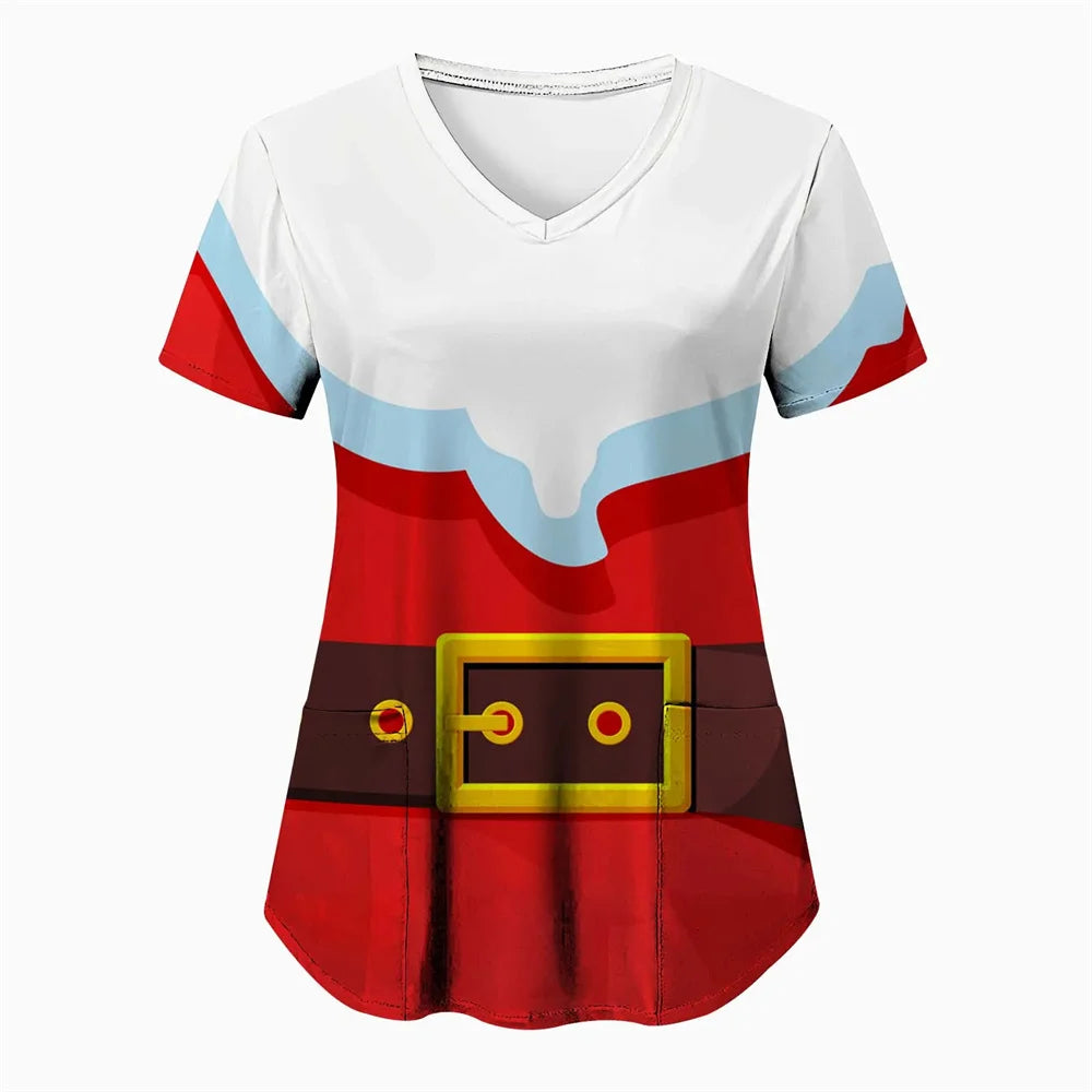 Womens Christmas Nurse T Shirt Print Short Sleeve V Neck Workwear With Pocket Working Nurse Work Wear Overalls Medical Uniforms