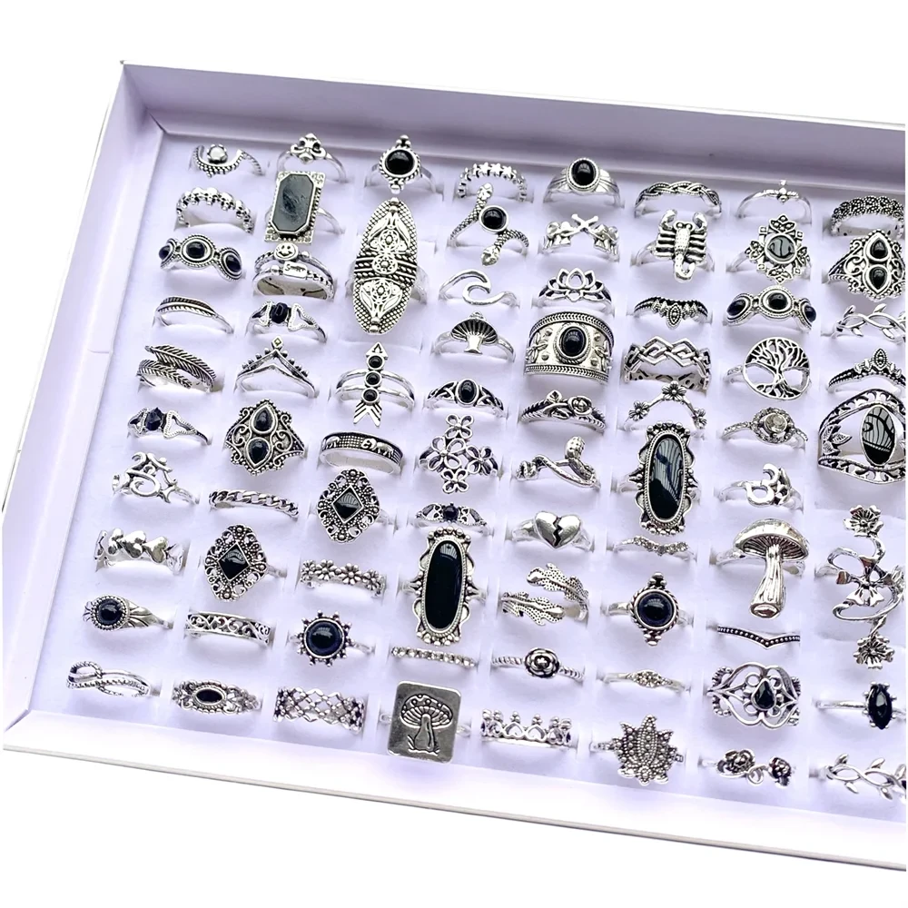 20Pcs Vintage Bohemia Black Rings Set For Women Men Mix Style Heart Love Flower Design Finger Jewelry Party Gifts
