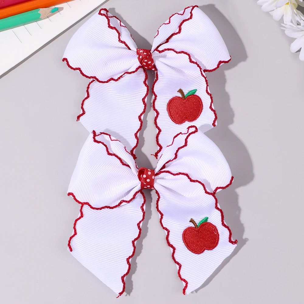 Back to School Kids Hair Bows Grosgrain Ribbon Embroidered Pencil Moonstitch Edge Hair Clips for Girls Children Hair Accesso