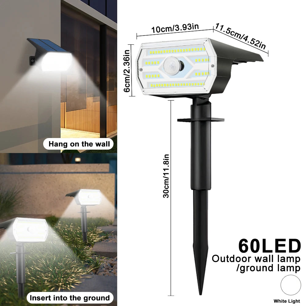 LED Solar Garden Lights 60LED Security Lights Outdoor Motion Sensor Solar Landscape Spotlights 3 Modes Waterproof Yard Wall