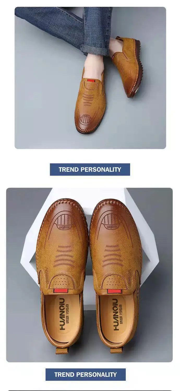 Fashionable Soft Leather Men's Shoes Wear-Resistant Bean Bean Shoes Breathable round Toe Flat Heel Casual Shoes for Spring