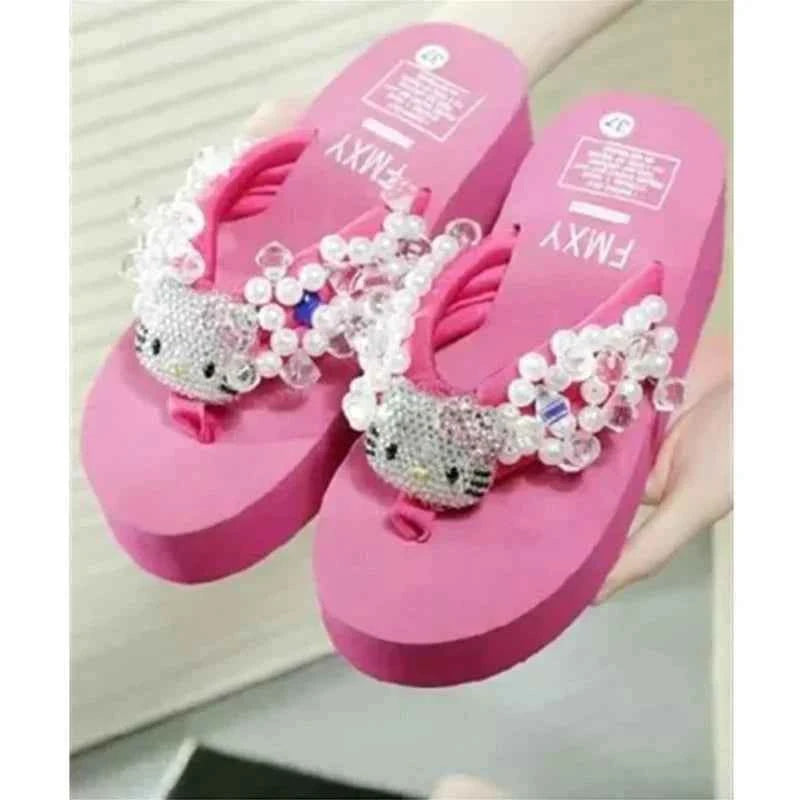 Hello Kitty Kawaii Soft Flip Flop Sandals Y2k Beach Slides Shoes Women Casual Wedge High Heels Platform For Slippers Ladies Gift