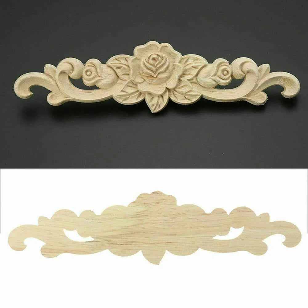 Natural Floral Wooden Carved Applique Wooden Figurines Crafts Corner Frame Appliques Frame Wall Door Furniture Woodcarving Decor