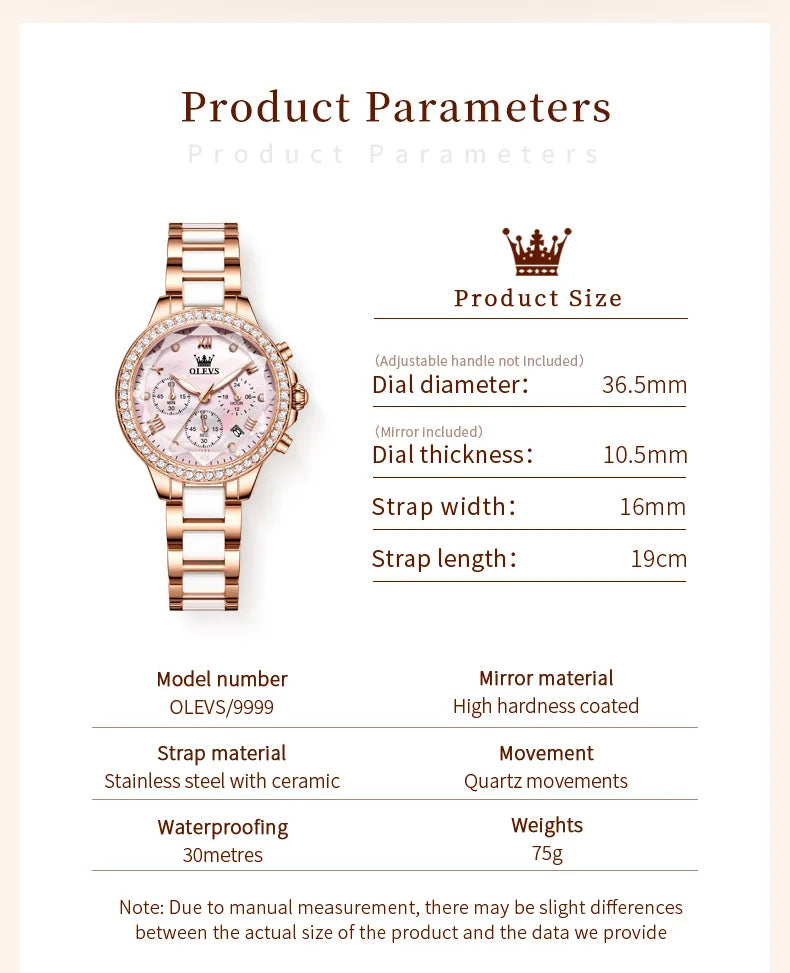 OLEVS 9999 Women Watch Brand Original Elegant Waterproof Chronograph Luxury Ceramic Dress Pink Women Quartz Watch Reloj Mujer