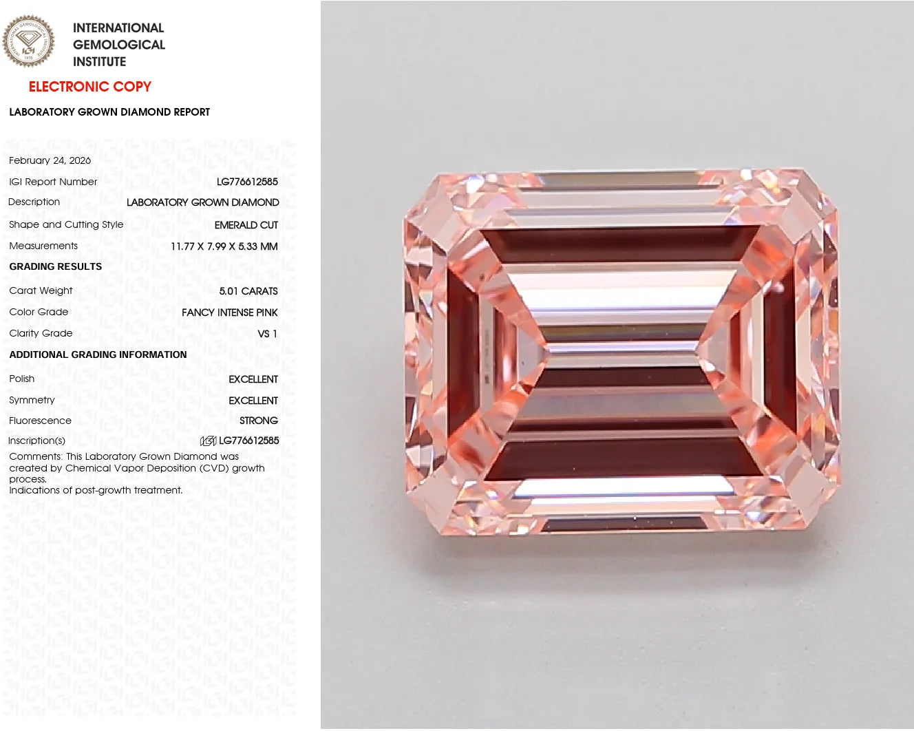 Emerald Cut 5.01ct Fancy Intense Pink VS1 IGI Certified Synthetic Lab Grown Filled Diamond Crownlite Jewels for Jewelry Making