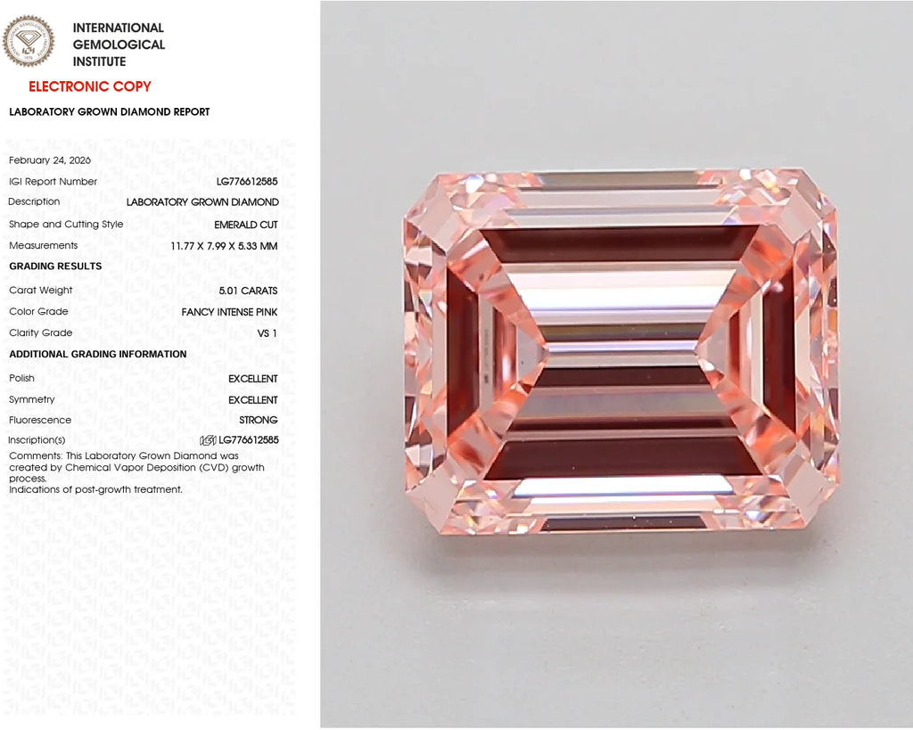 Emerald Cut 5.01ct Fancy Intense Pink VS1 IGI Certified Synthetic Lab Grown Filled Diamond Crownlite Jewels for Jewelry Making