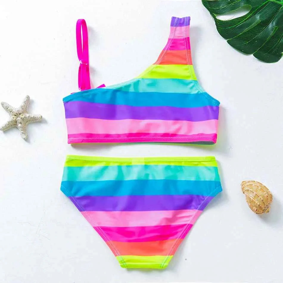 2-10Y New Fashion Kid Rainbow Design Bikini Set Lovely Two Pieces Child Swimwear Cute Girl Flouncing Swimsuit Summer Beachwear
