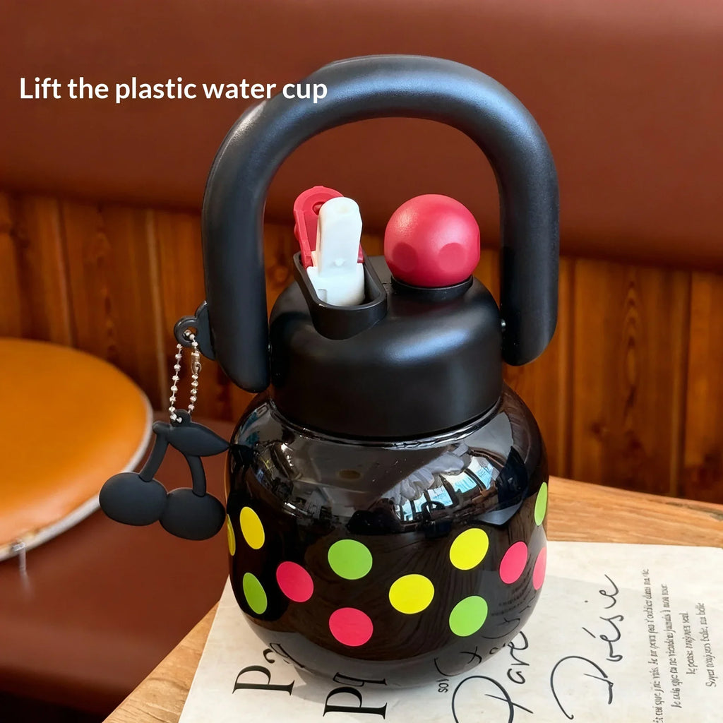 Cute Water Bottle with Decoration, Dual Straws Design, Anti-Lipstick Stain, Detachable Travel Strap Durable Plastic Material
