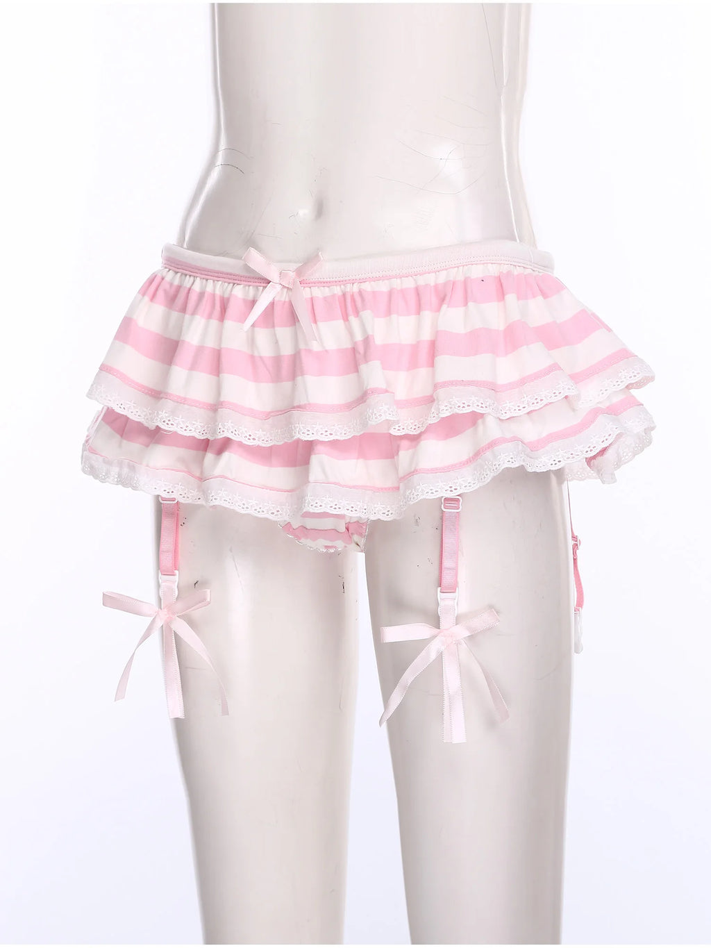 Women Anime-style Built-in Briefs Miniskirt with Garters Belt Culottes Cute Tiered Striped Hem with Lace Trim Bow Shorts Skirt
