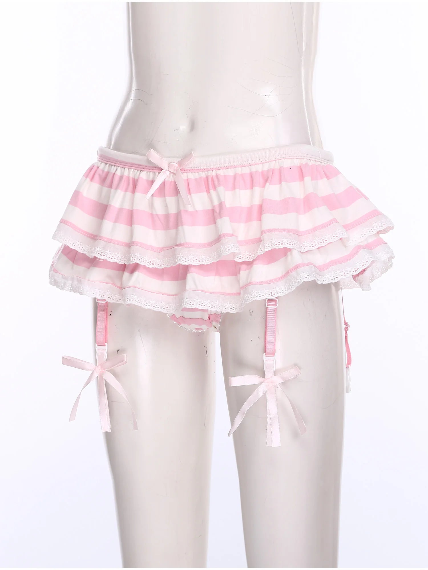Women Anime-style Built-in Briefs Miniskirt with Garters Belt Culottes Cute Tiered Striped Hem with Lace Trim Bow Shorts Skirt