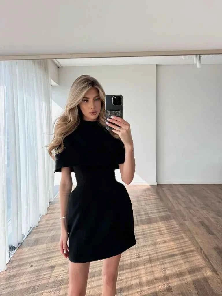 Cinching Waist Solid Mini Dresses Women Elegant Cap Sleeves Slim Fit Short A Line Dress 2025 New Summer Vacation Party Gowns