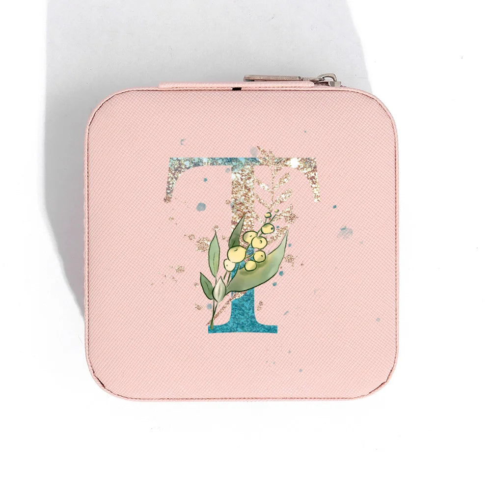 A-Z Alphabet Print Pink Travel Jewelry Organizer with Zipper Closure and Fabric Lining