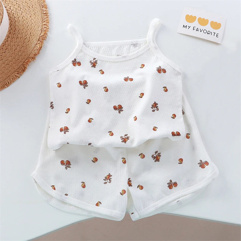 2026 New Kids Tops+shorts Set Summer Thin Baby Cotton Vest Sleeveless Loungewear Set for Girls Suit
