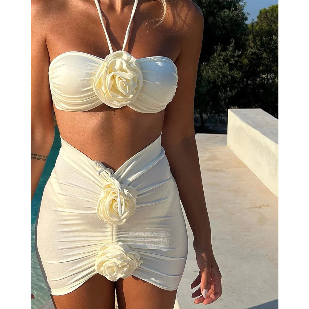 Solid Floral Lace 2026 Three Pieces Bikini Set Cover Up Swimwear Women Swimsuit Push Up Bathing Suit Beachwear Swimming Biquini