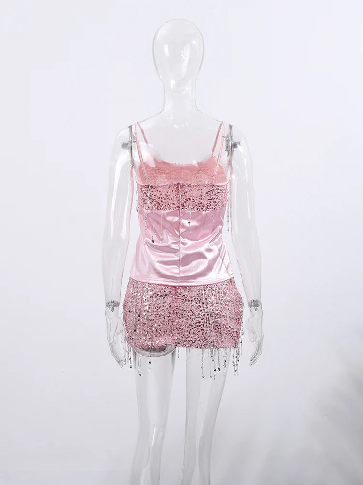 Sexy Tassel Chains Women's Set Elegant Solid Sequins Hip Package Female Party Mini Skirts Summer Holiday Lady Outfit Beachwear