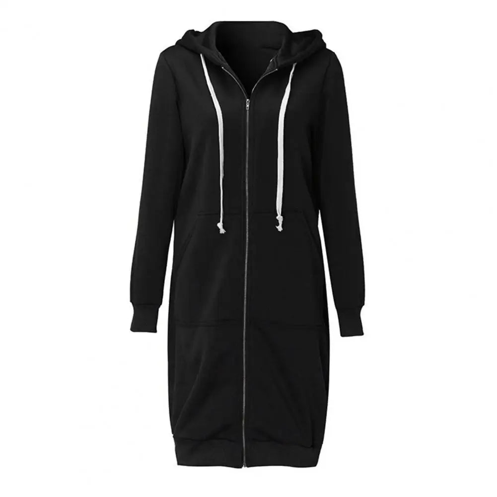 Plush Hooded Drawstring Women Jacket Thick Long Sleeves Zip Up Knee Length Autumn Coat Hooded Long Loose Winter Sweatshirt