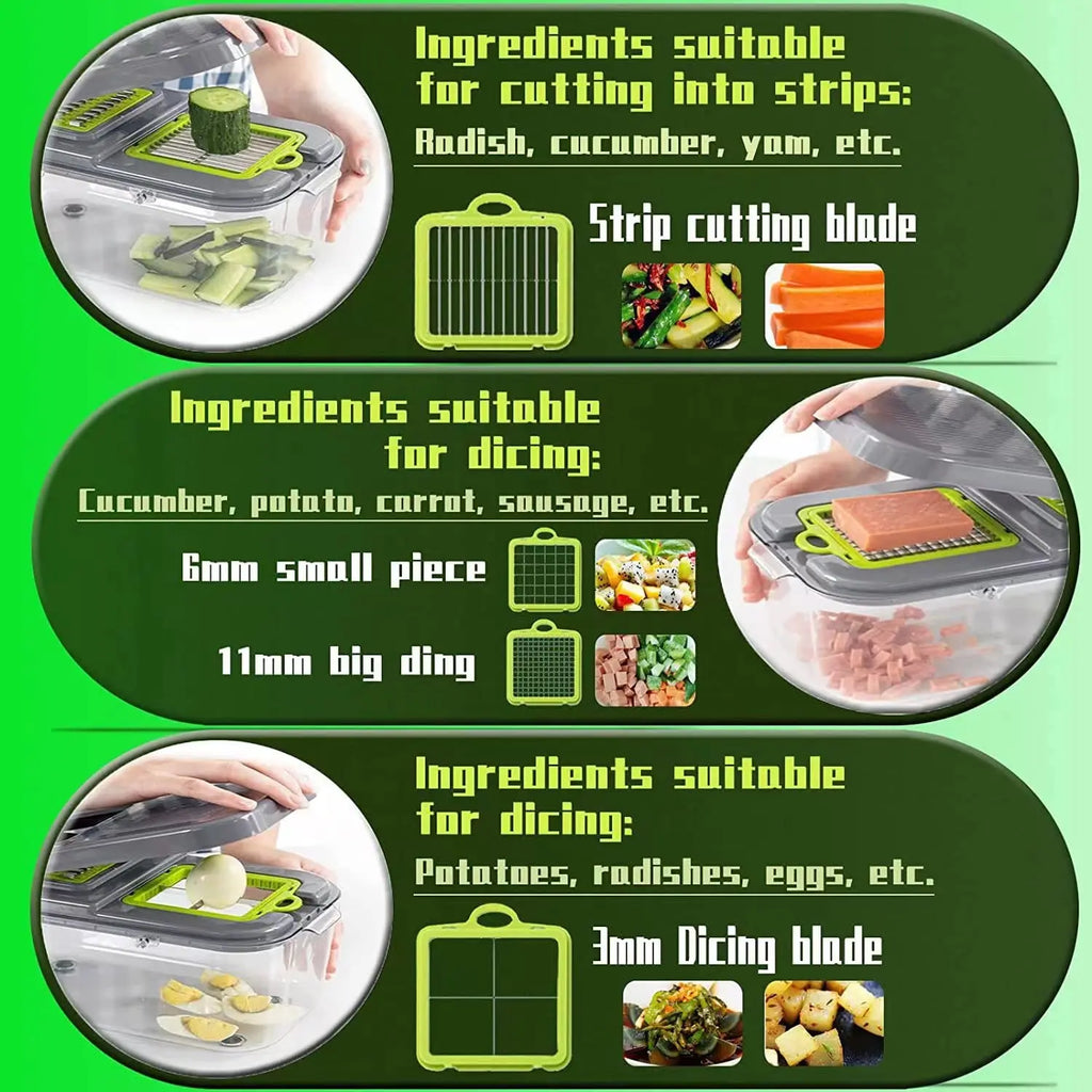 22 in 1 Vegetable Chopper with Stainless Steel Blade Adjustable Slicer And Cutter with Drain Rack Storage Container Kitchen Tool