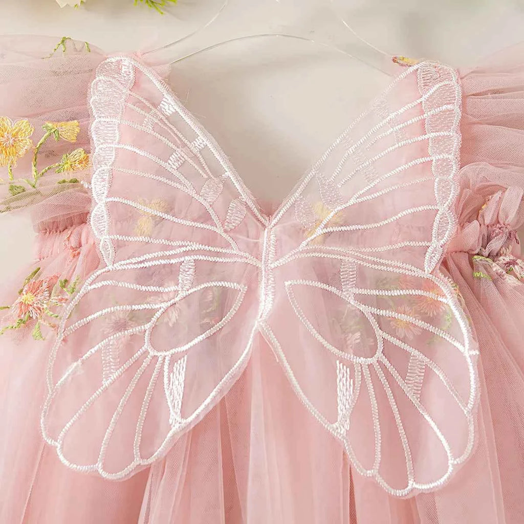 Summer New Girls' Dress Halter Small Flying Sleeve Embroidery Pattern Wings Sweet Princess Dress Mesh Princess Dress
