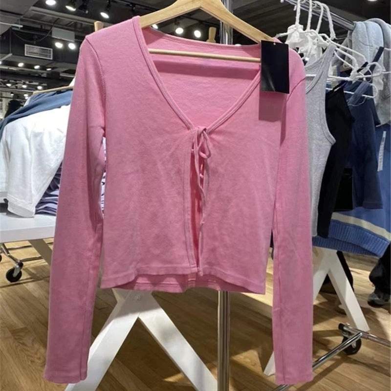 Women Casual Solid Slim T-Shirts 2022 Summer Sexy V Neck Lace Up Cotton Ribbed Y2k Crop Top Sweet Cute Long Sleeve T Shirt Tops
