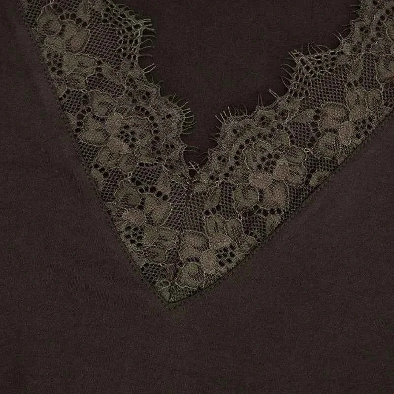Women's V-neck Lace Splicing Top European American Style Autumn New Waist Exposed Umbilical Fashionable Casual Wear
