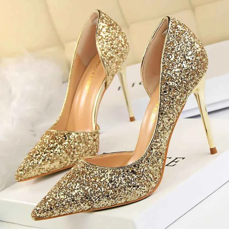 BIGTREE Shoes Champagne Women Pumps Sequin Wedding Shoes Stiletto High Heels Women Shoes Luxury Party Shoes Pumps Plus Size 43