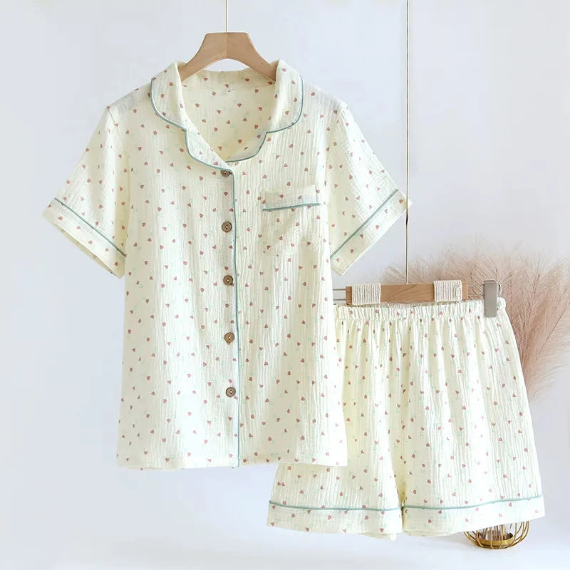 2025 Summer Women Pajamas Cute Tulip  Printing Sleepwear 100% Cotton Gauze Female 2 Piece Set  Nightwear Pyjamas Loungewear