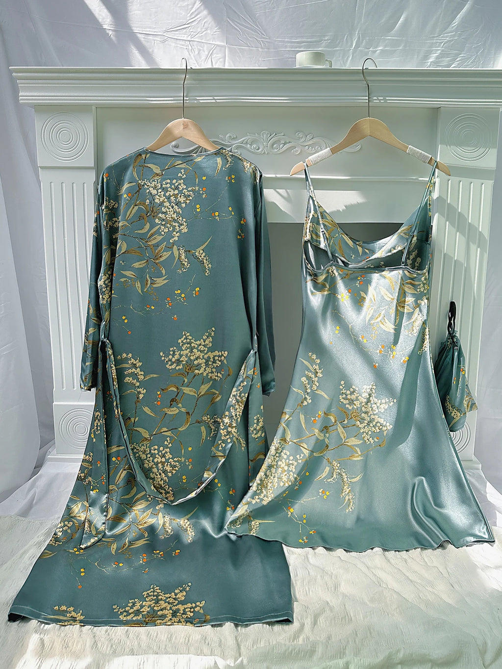 Floral Print Pajama Set Long Sleeve Robe With Belt   V Neck Slip Dress  Women's Sleepwear  Loungewear