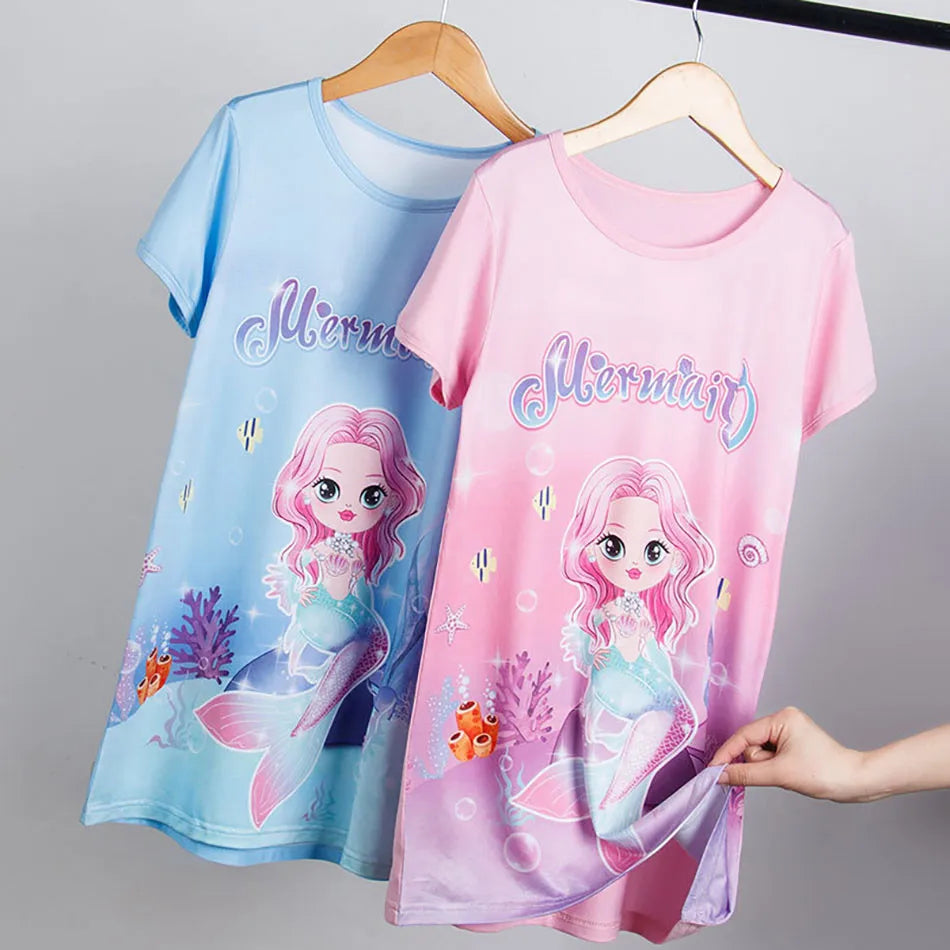 Girl Mermaid Dress Children Short Sleeve Summer Princess Dress Breathable Cartoon Print Girls Soft Silk Nightgown Kids Sleepwear