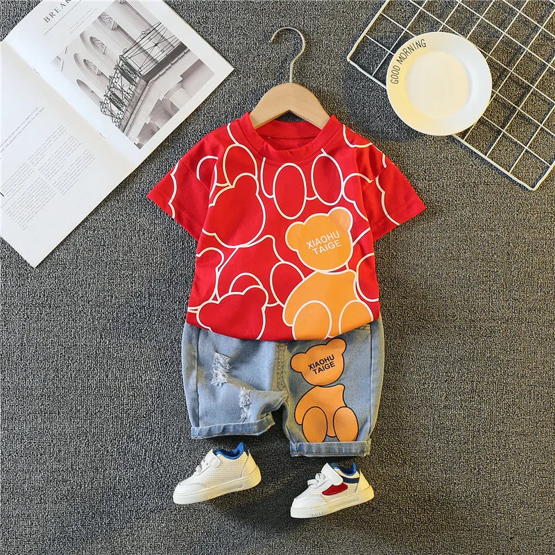 New Summer Baby Boys Clothing Set Cartoon Bear Short Sleeve T-Shirt Shorts 2Pcs Suit For 1-5 Years Kids Children Fashion Outfit