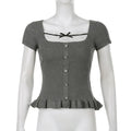 Preppy Kawaii Knitted Crop Tops Puff Sleeve Ruffles Hem Tees Fairy Vintage Y2K Milkmaid Tops Cottage Retro Women T-shirts Korean