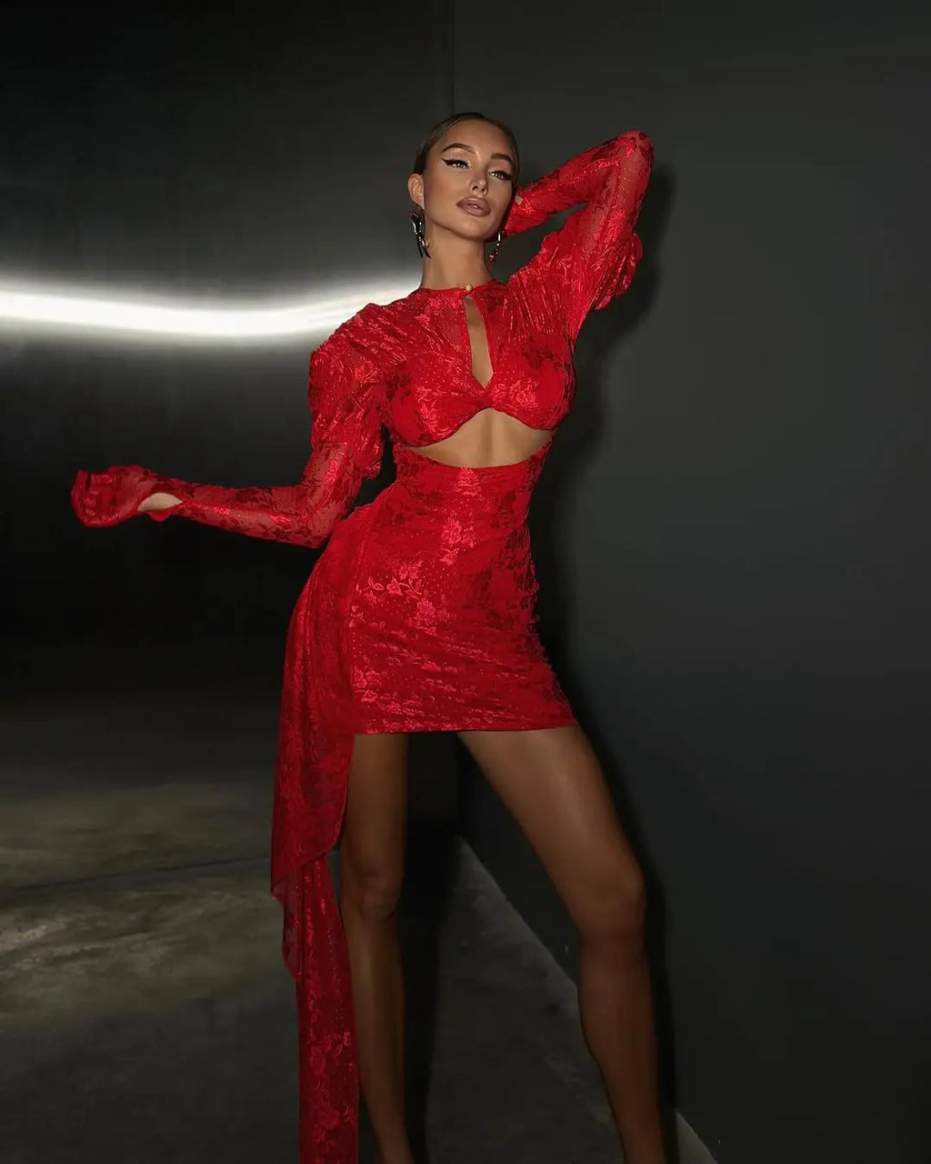 High Quality Red White Women Long Sleeve Sexy Lace Draped Bodycon Mini Dress Gloves Nightclub Party Celebrate Birthday Dress
