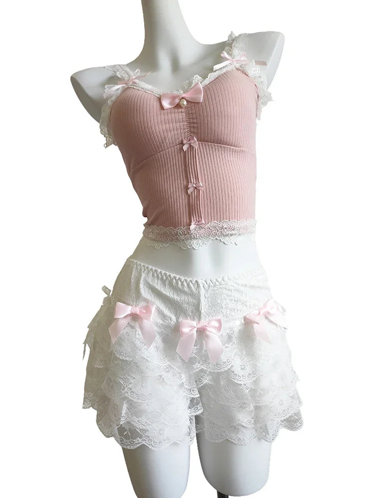 Sweet Crop Top Women Lace Trim Cotton Cropped Bows Bead Decoration Pink White Cute Camis Sweet Girls Lolita Style Kawaii Clothes