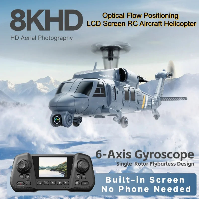 Military Remote Control Screen Helicopter 6 Axis Gyro Single Rotor 8K Aerial Optical Flow With Screen WIFI FPV RC Helicopter Toy