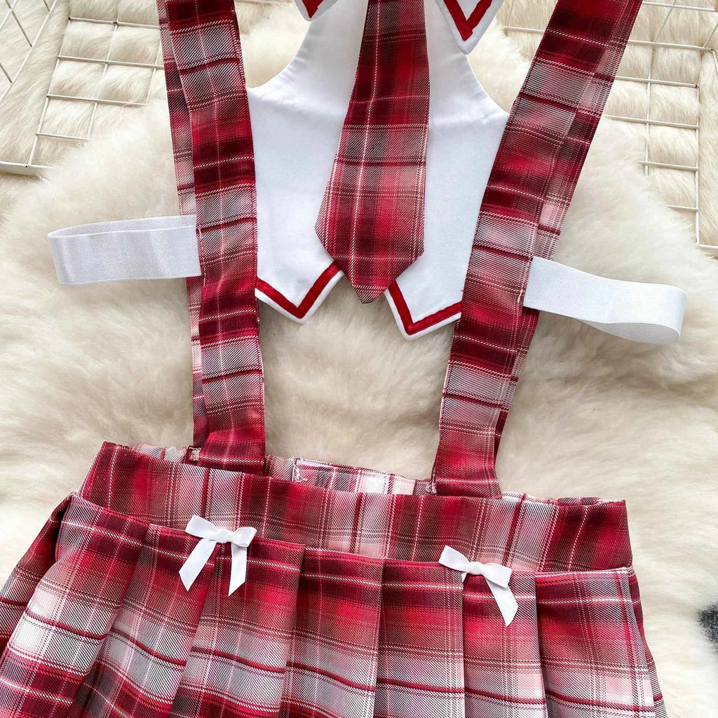Girls Sexy Cute Japanese JK Uniform  Mini Checkered Strap Skirt Off Shoulder High Waist Elastic Cosplay Dress Hot Sweet Pajama