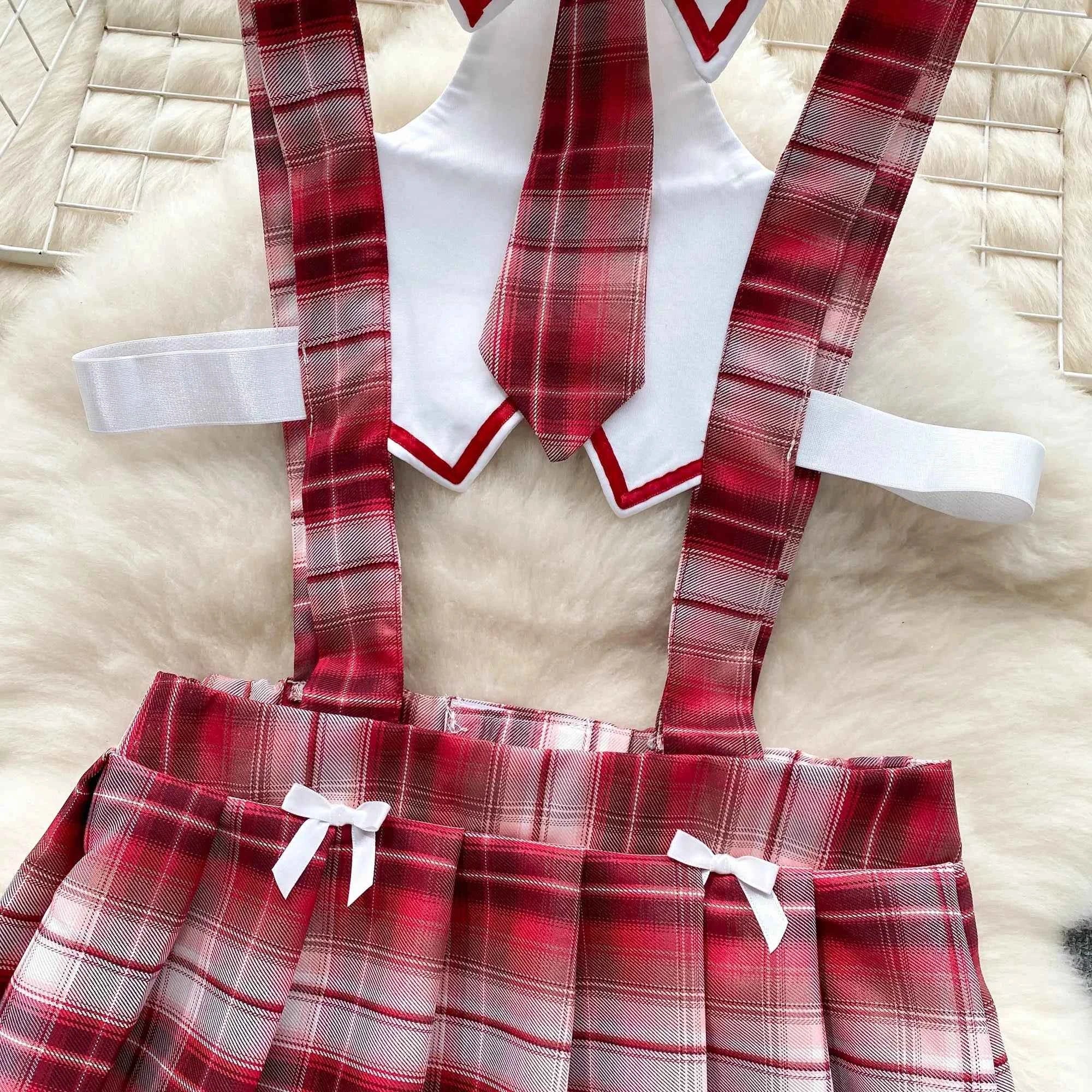 Girls Sexy Cute Japanese JK Uniform  Mini Checkered Strap Skirt Off Shoulder High Waist Elastic Cosplay Dress Hot Sweet Pajama