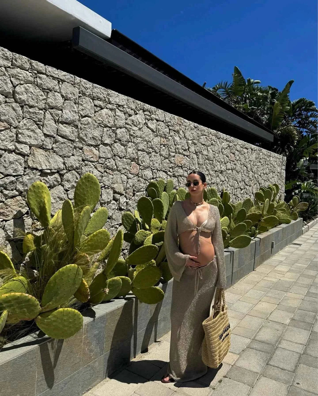 Solid Colour Sexy Beachwear Swimsuit Cover Up Knit Two-piece 2026 Summer Women's Big Bell Sleeve Lace-up Top Long Skirt Set K128
