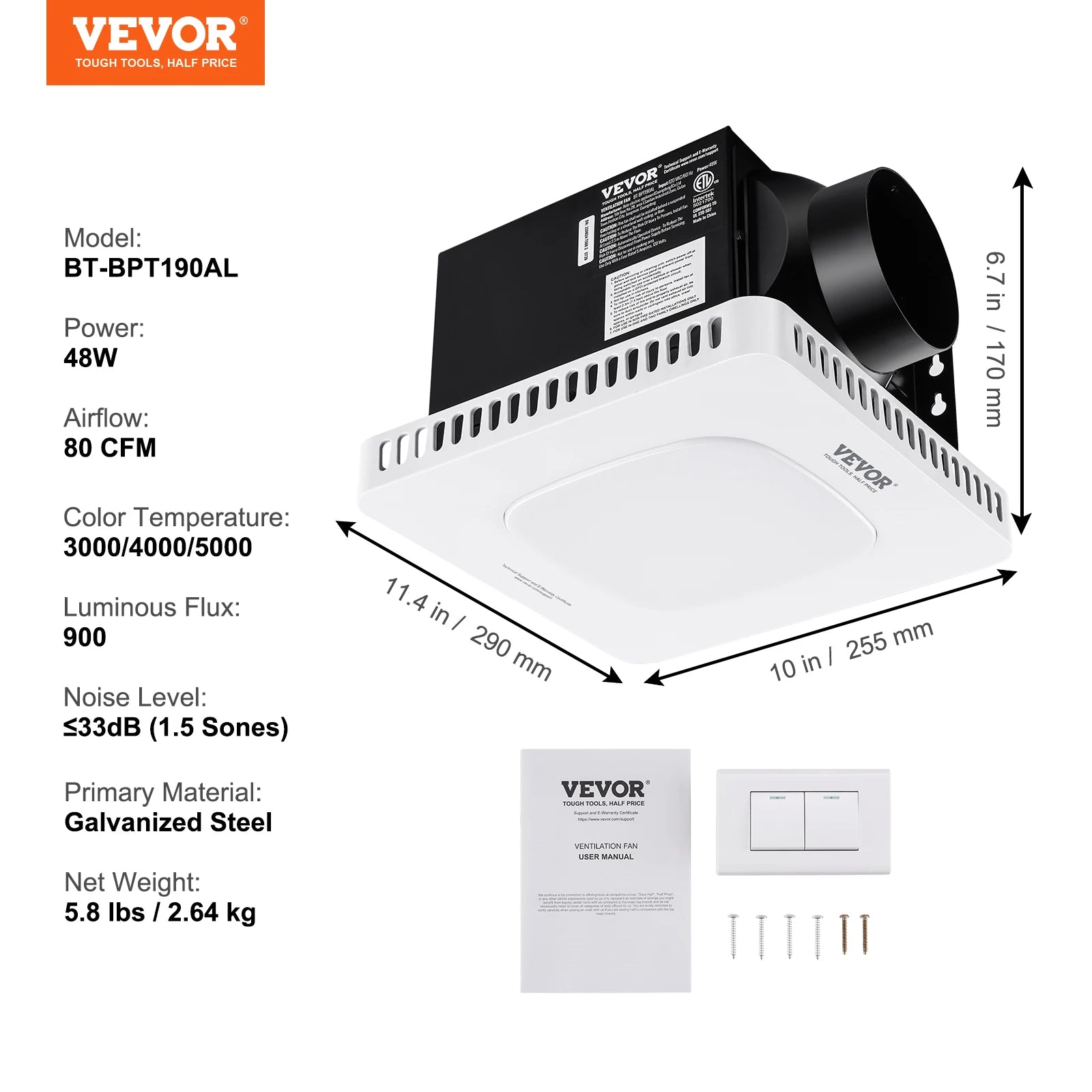 SucceBuy Bathroom Exhaust Fan 80/110CFM High-Efficiency Ventilation 1.5sones Low Noise Operation Energy-Saving Bathroom Ceiling