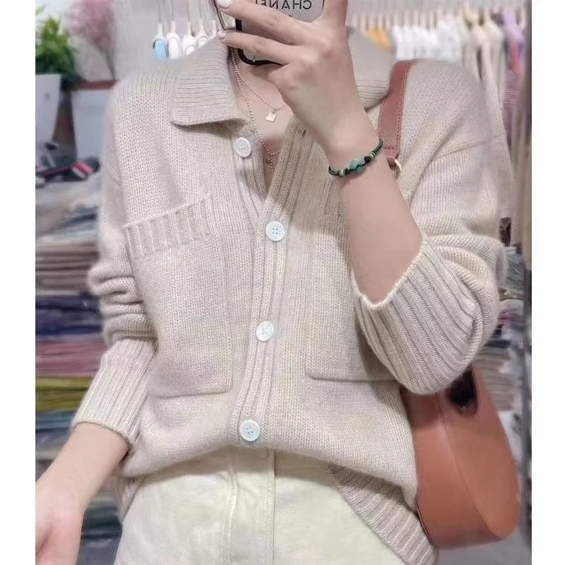 Casual Warm Lapel 100% Pure Wool Ladies Cardigan Sweater Hot Sale Long Sleeve Knit Jacket Women Cashmere Sweater FRSEUCAG brand