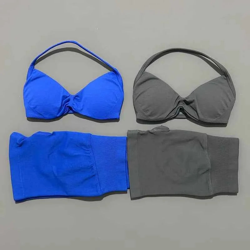 HISTELLO Gym Set 2 Piece Women Strappy Yoga Bra Top Workout Scrunch Shorts Sports Suit Fitness Clothes Seamless Yoga Set