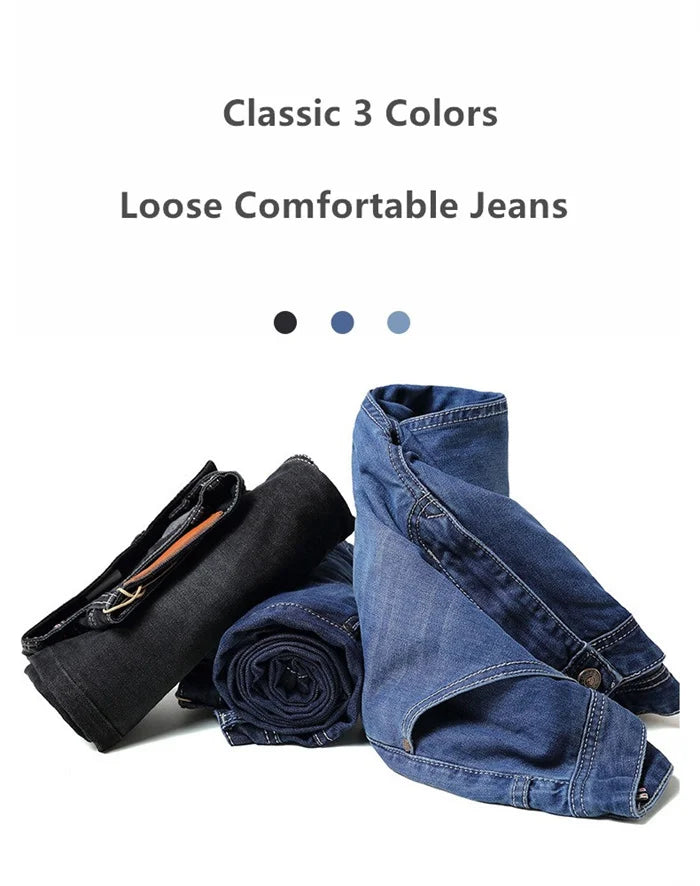 2026 Men Jeans 100% Cotton Thick Straight Plus Big Size 42 44 46 48 140KG Loose Classic Black Denim Trousers Casual Pants