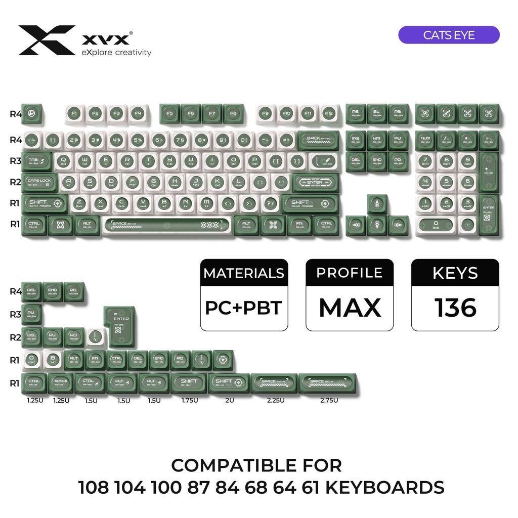 XVX White Shine Through Cats eye MAX Profile Dye-Sub PBT Keycap Set 136-Key