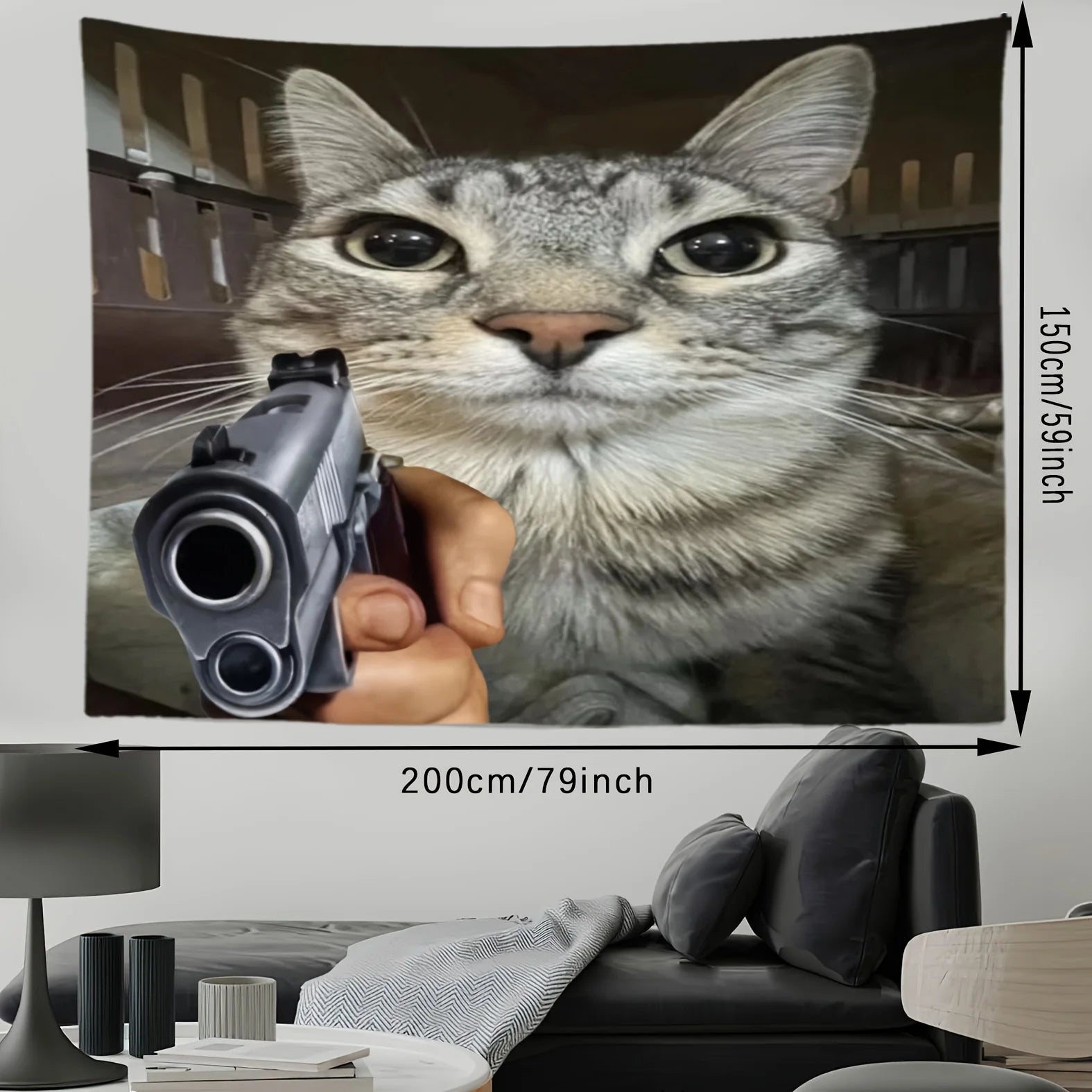 VIKAMA Whimsical Cat with Gun Wall Hanging Art Home Decor Tapestry Suitable for Living Room Bedroom Home Decor